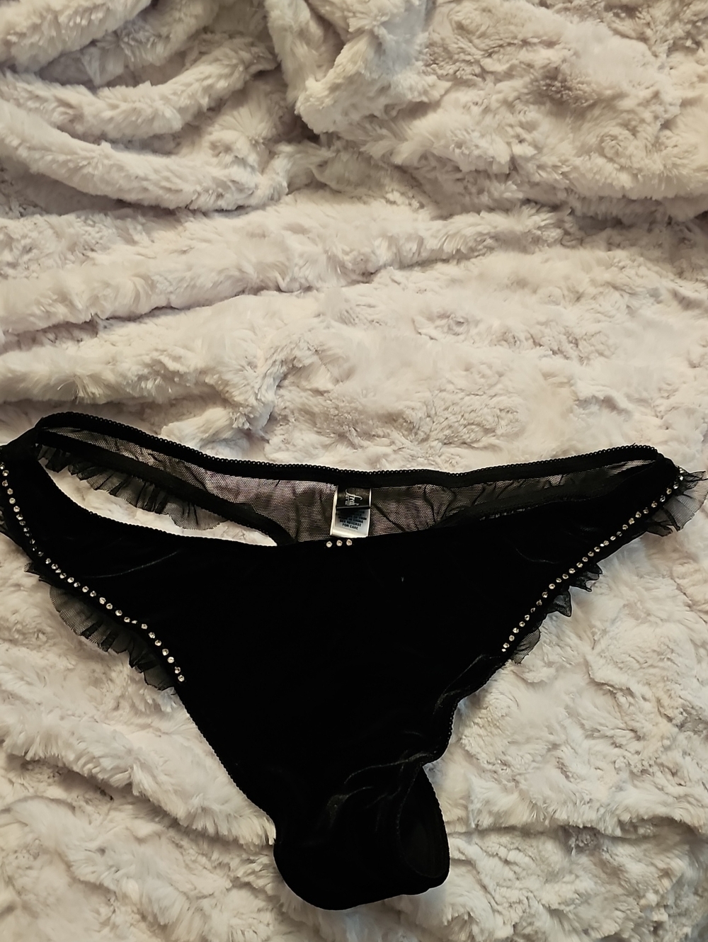 Frederick's of Hollywood Black Velvet Rhinestone Trim Bikini Bottom